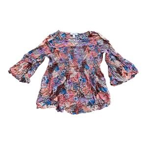 Vintage X America Floral Patchwork‎ Smocked Bell Sleeve Top Multi Color Medium
